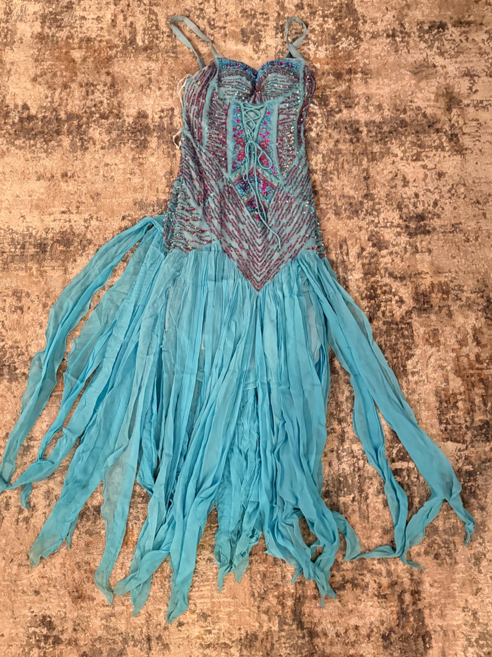 La Femme Turquoise Beaded Fringe Prom Dress